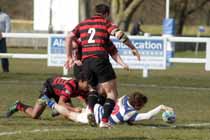 Tynedale's Matthew Outson scores a try against Blackheath, National League Division 1, Tynedale Park, Corbridge, Northumberland.